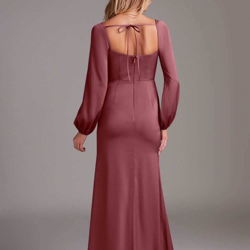 Azazie Mauve Long-Sleeve Stretch Satin Corset Gown Size A16 - Picture 2 of 8